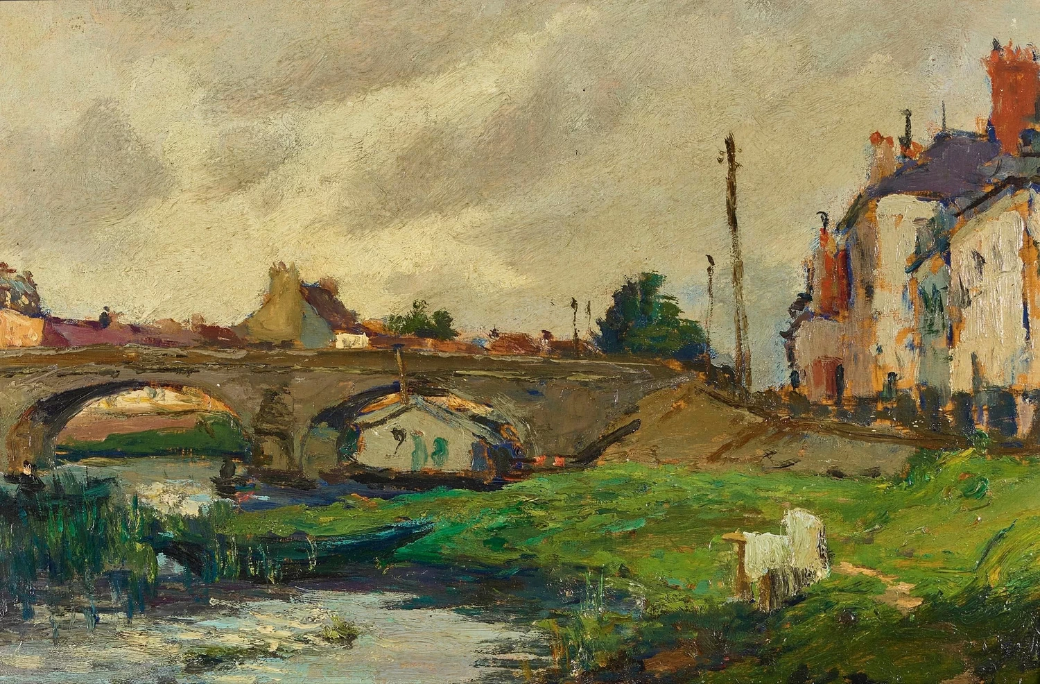 Paesaggio con case e ponte - attribuito
